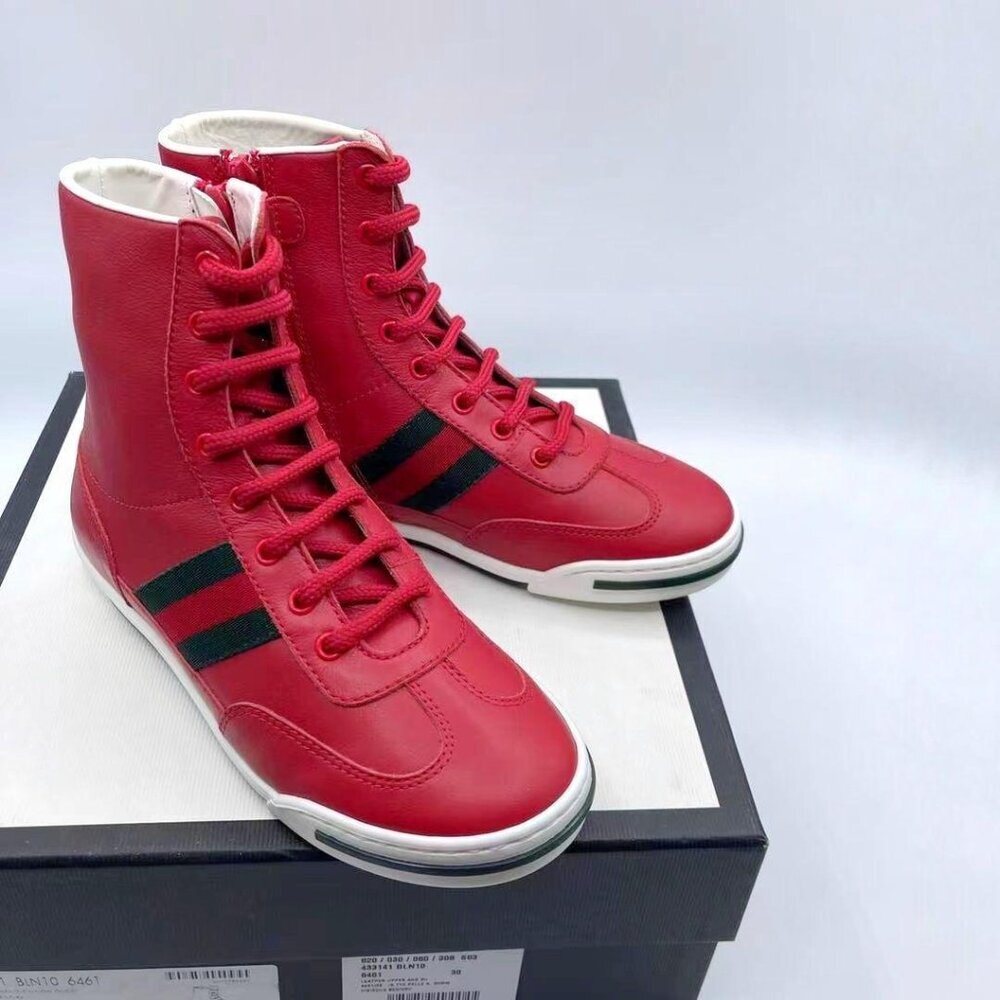 NIB Gucci Kids leather high-top with Web  Boots SIze 30 in red - Picture 2 of 6